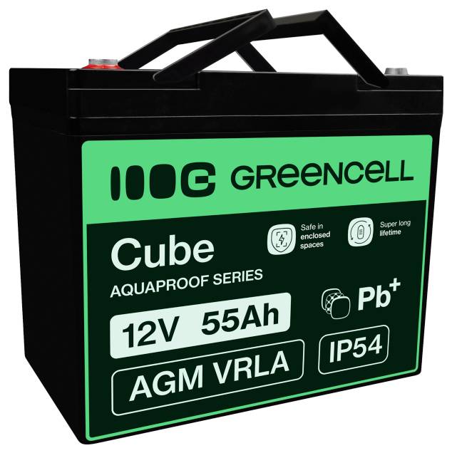 Black Greencell Cube 12V 55Ah AGM VRLA battery with carry handle and IP54 label, shown on a white background.