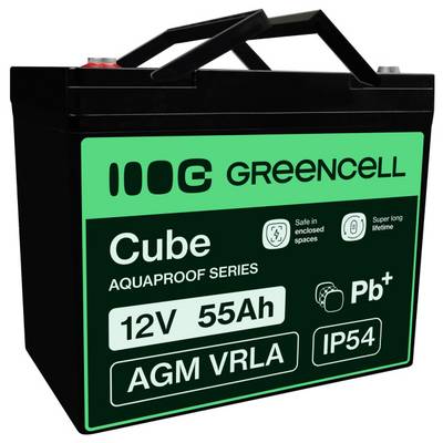 Black Greencell Cube 12V 55Ah AGM VRLA battery with carry handle and IP54 label, shown on a white background.