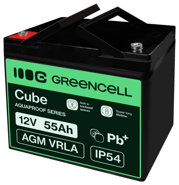 Black Green Cell Cube 12V 55Ah AGM VRLA battery with green label, top terminals, and handle.<br>