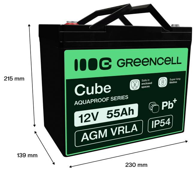 Green Cell Cube 12V 55Ah AGM VRLA battery, shown with dimensions 230 mm wide, 215 mm high, and 139 mm deep.