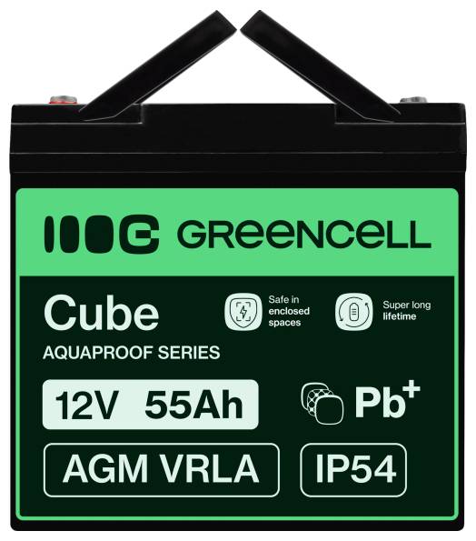 Black GreenCell Cube AQUAPROOF Series battery labeled 12V 55Ah, AGM VRLA, Pb+, IP54, with carry handle.