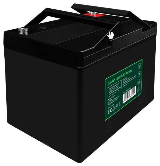Black sealed lead-acid battery with top terminals and green product label, shown on a white background.<br>