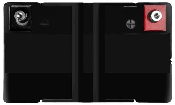 Black rectangular battery with side-by-side terminals, negative on the left and positive on the right, shown from the top.