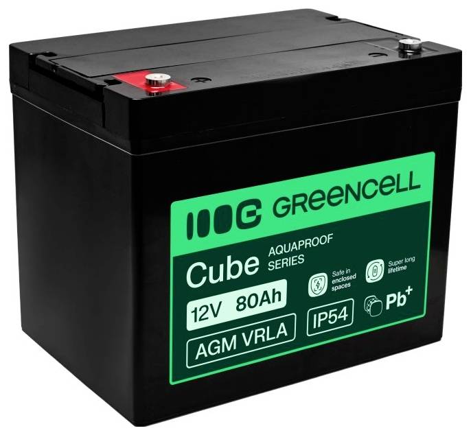 Black Greencell Cube Series 12V 80Ah AGM VRLA battery with green product label and terminal posts on top.