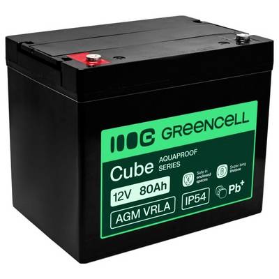 Black Greencell Cube Series 12V 80Ah AGM VRLA battery with green product label and terminal posts on top.