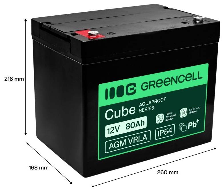 Product image of a black GreenCell Cube 12V 80Ah AGM VRLA battery, labeled IP54 and Pb+, with dimensions 260 x 168 x 216 mm.