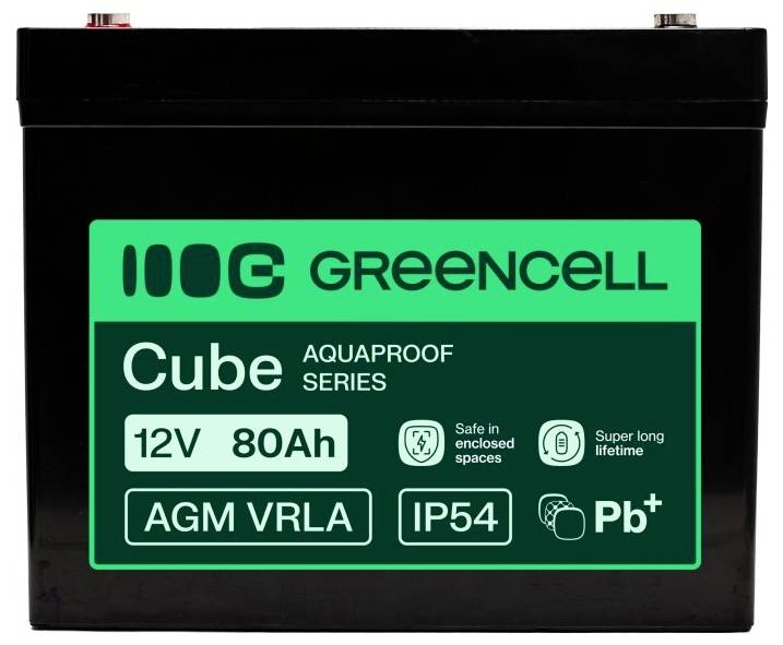 Black Greencell Cube 12V 80Ah AGM VRLA battery with IP54 protection, labeled for safe enclosed use and long life.