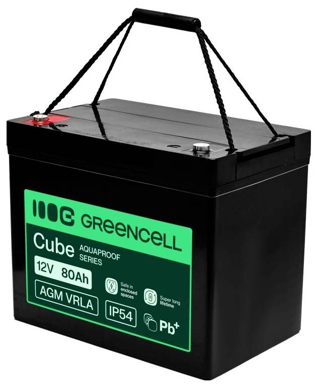 Black rechargeable battery with carrying handle, labeled Green Cell Cube series 12V 80Ah AGM VRLA, IP54 and Pb+.<br>