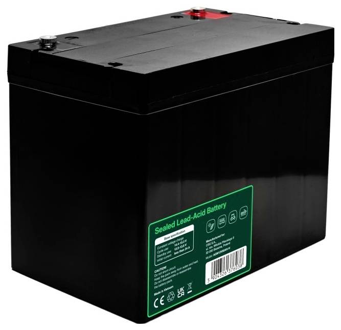 Black sealed lead-acid battery with top terminals and green product label on the side, shown on a white background.