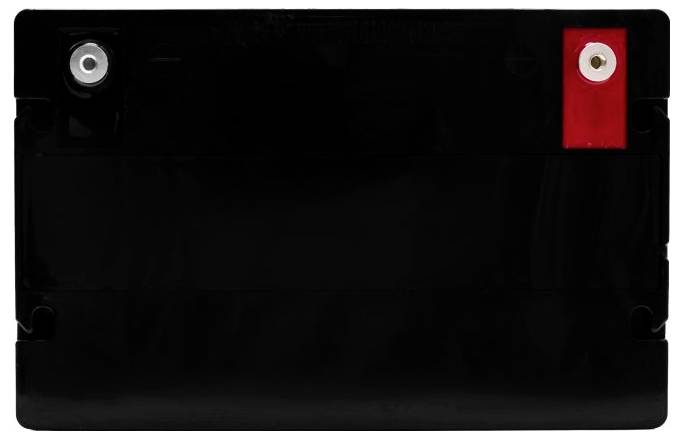 Black rectangular battery with terminals at the top corners, one silver on the left and one red on the right.