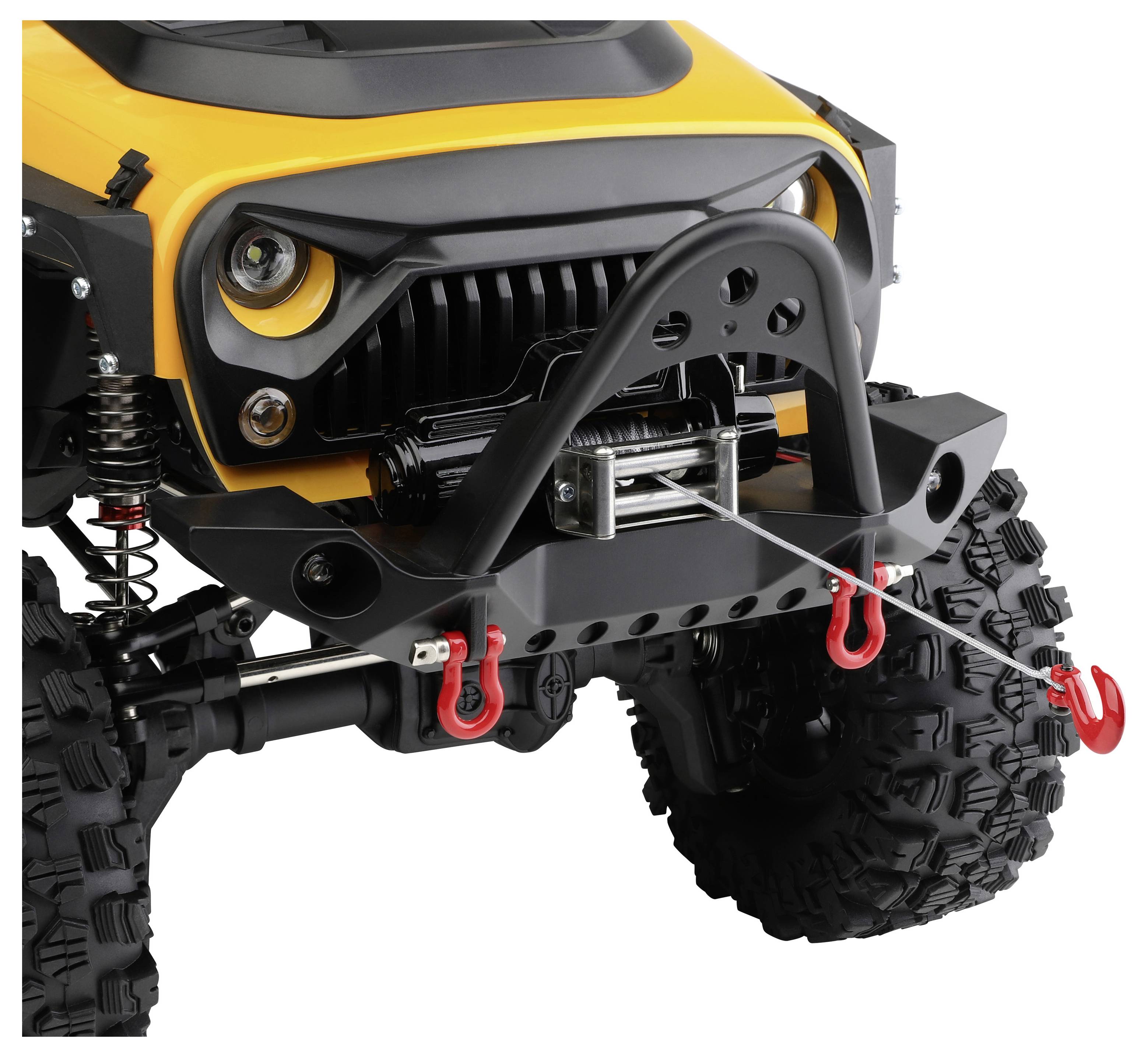 Front view of a yellow off-road RC vehicle with a winch, bumper guard, and large knobby tires on a white background.