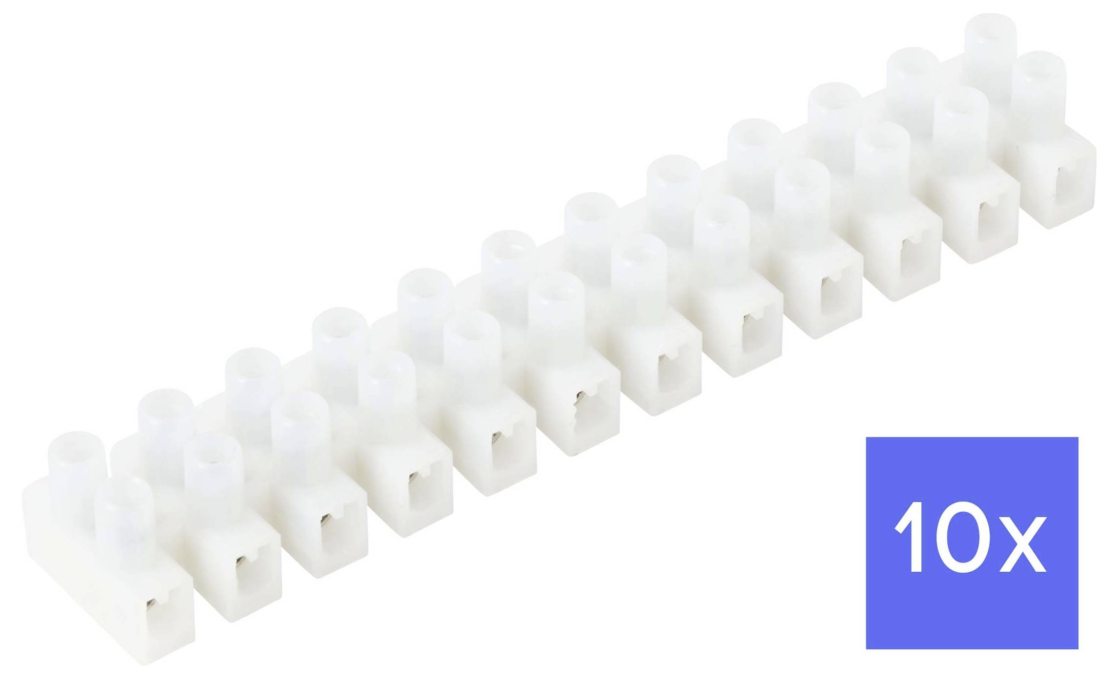 Diagram showing a 10x magnified array of small white plastic connectors or clips arranged diagonally on a white background.