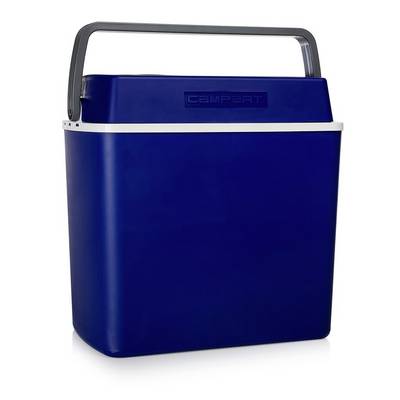 Blue portable cooler with a gray handle and white trim, shown against a white background.