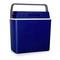 Blue portable cooler with a gray handle and white trim, shown against a white background.