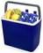 Blue insulated cooler with a black handle, filled with bottled water and fruit including bananas, grapes, and lemons.