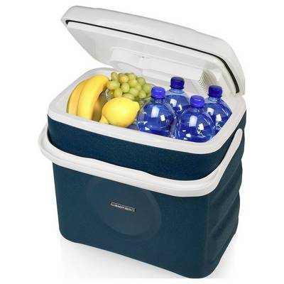 Open insulated cooler filled with bananas, grapes, a lemon, and several blue water bottles.