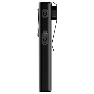 Black handheld device with a power button on top and a USB port cover below, shown in side view with a cord attached.
