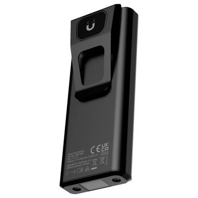 Black rectangular rechargeable battery pack with power symbol on top and regulatory markings on the front.