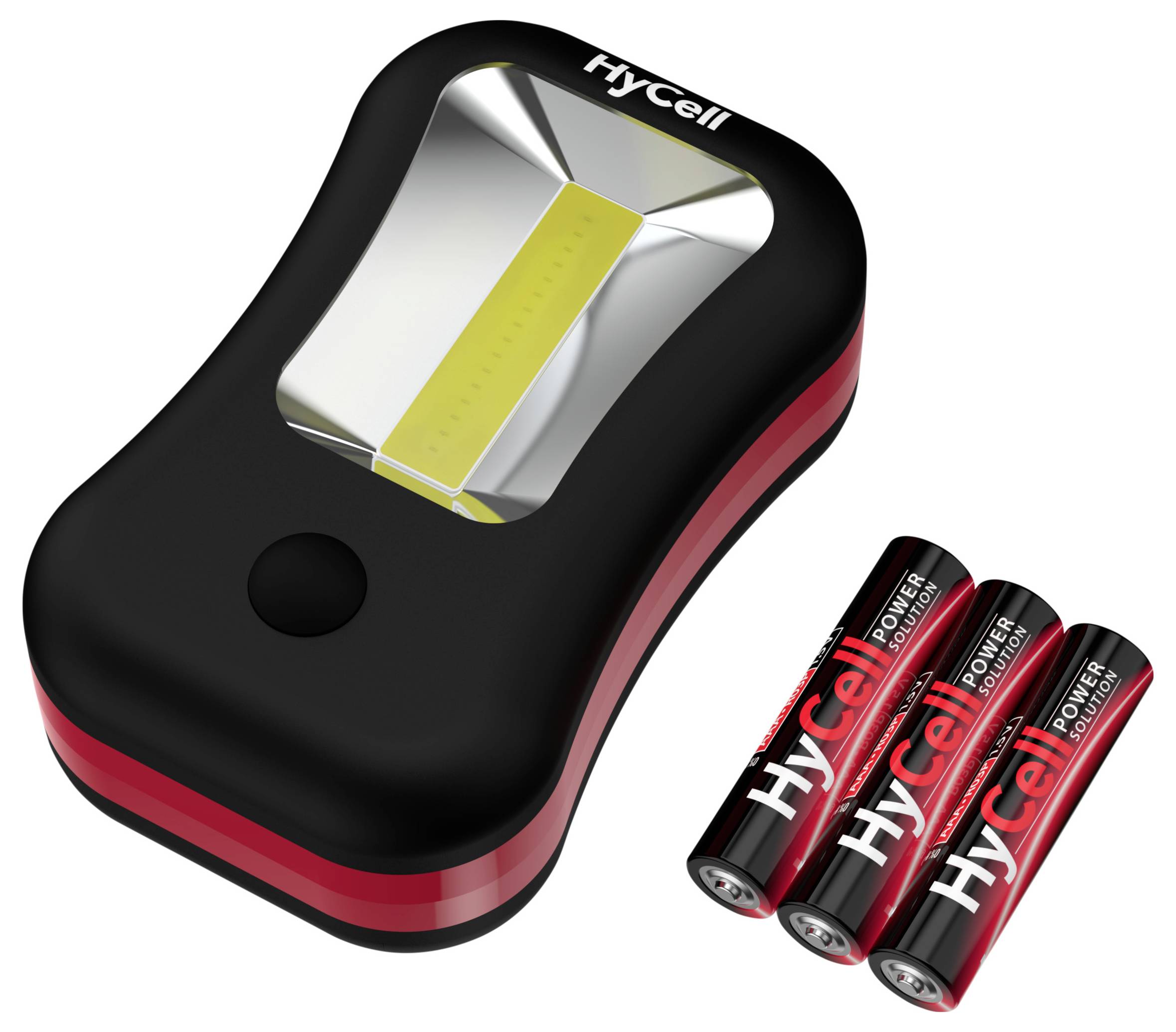 HyCell battery charger with three rechargeable batteries beside it on a white background.