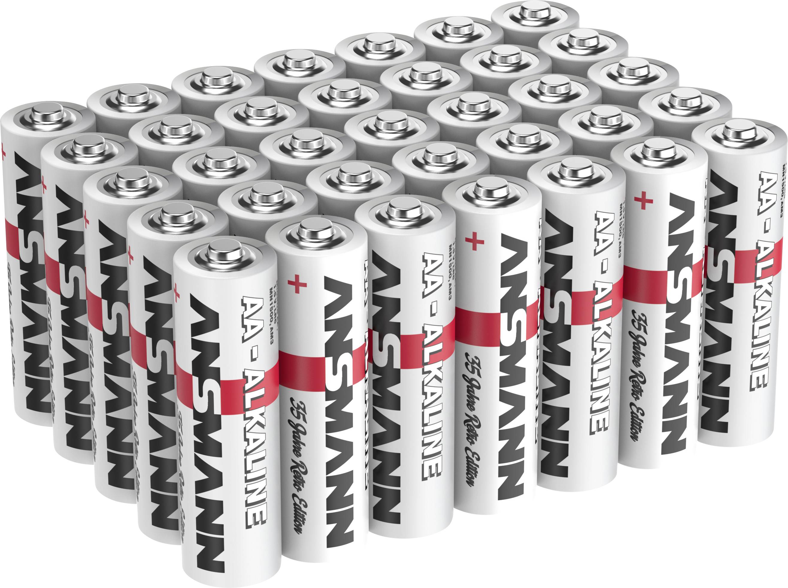 A pack of AA alkaline batteries arranged in a stacked grid, with black, white, and red labels on a white background.