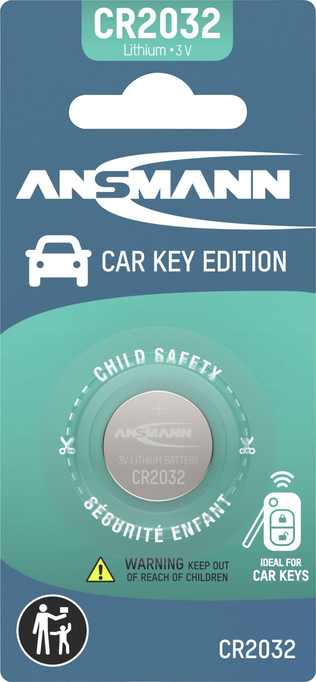 ANSMANN CR2032 lithium 3V battery package labeled 'Car Key Edition' and 'Child Safety', with warning to keep out of reach of children.