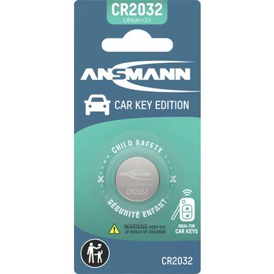 ANSMANN CR2032 lithium 3V battery package labeled 'Car Key Edition' and 'Child Safety', with warning to keep out of reach of children.