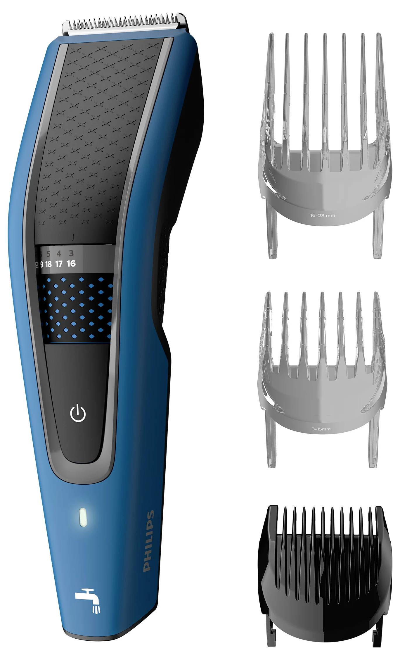 Philips electric hair clipper with three detachable comb attachments shown beside it, illustrating different cutting lengths.
