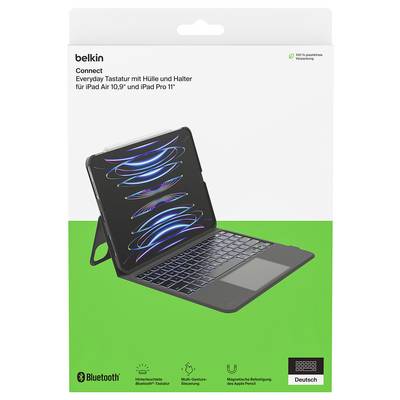 Belkin Connect everyday case with keyboard and stand for iPad Air 10.9-inch and iPad Pro 11-inch, shown in German packaging with Bluetooth and German layout icons.