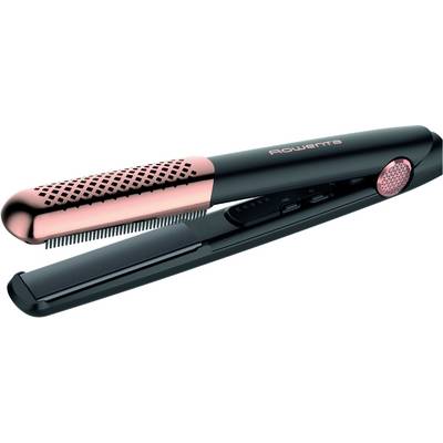 Pink-and-black hair straightener shown closed, with a heated styling plate, comb-like teeth, and 'Rowenta' branding visible on the handle.