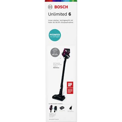 Bosch Unlimited 6 cordless vacuum cleaner ad, highlighting power, lightweight design, 99.9% dust pickup, 30-minute battery life, and Design Award 2020.