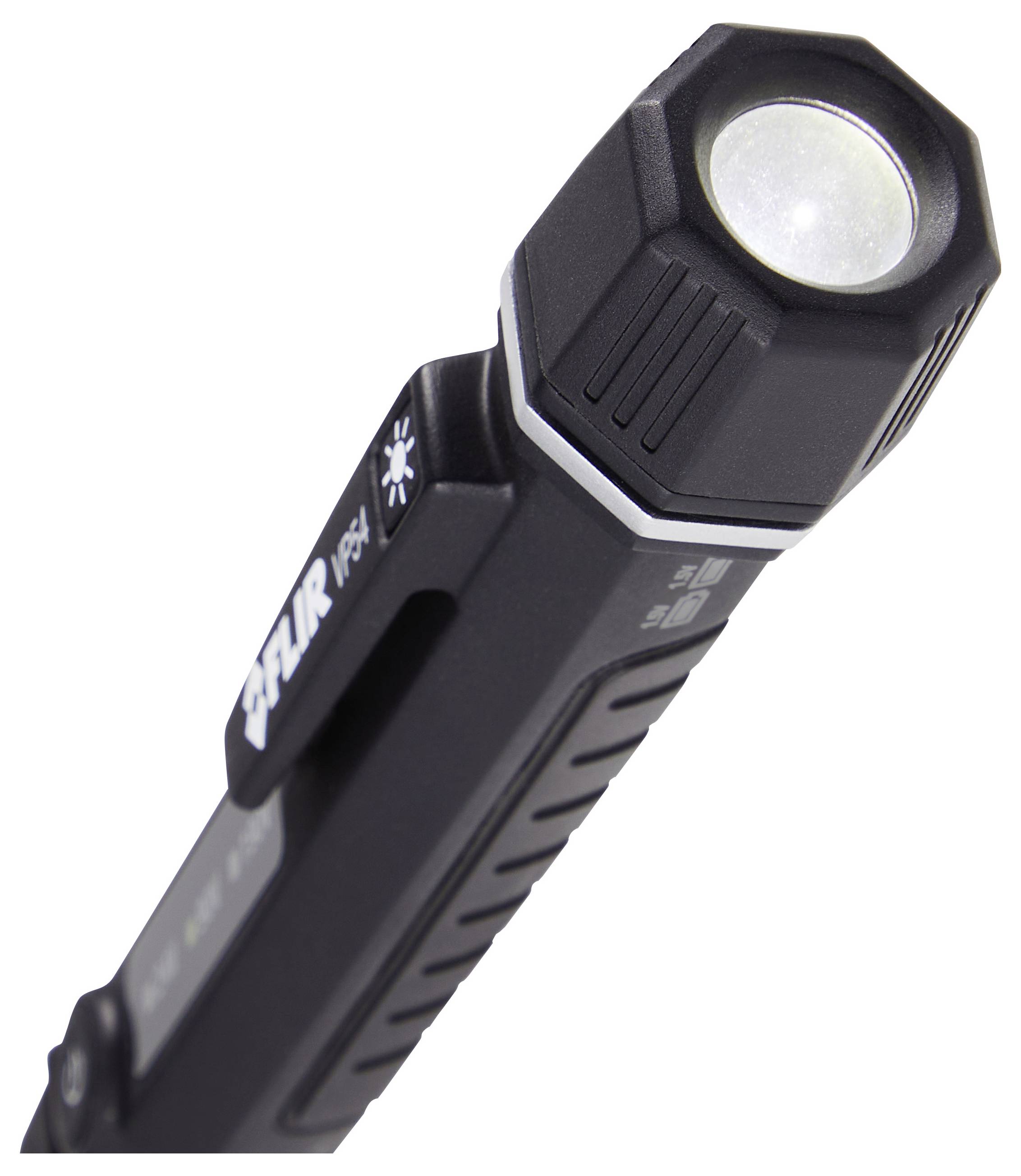 Black handheld flashlight angled on a white background, showing the front lens and side switch.<br>