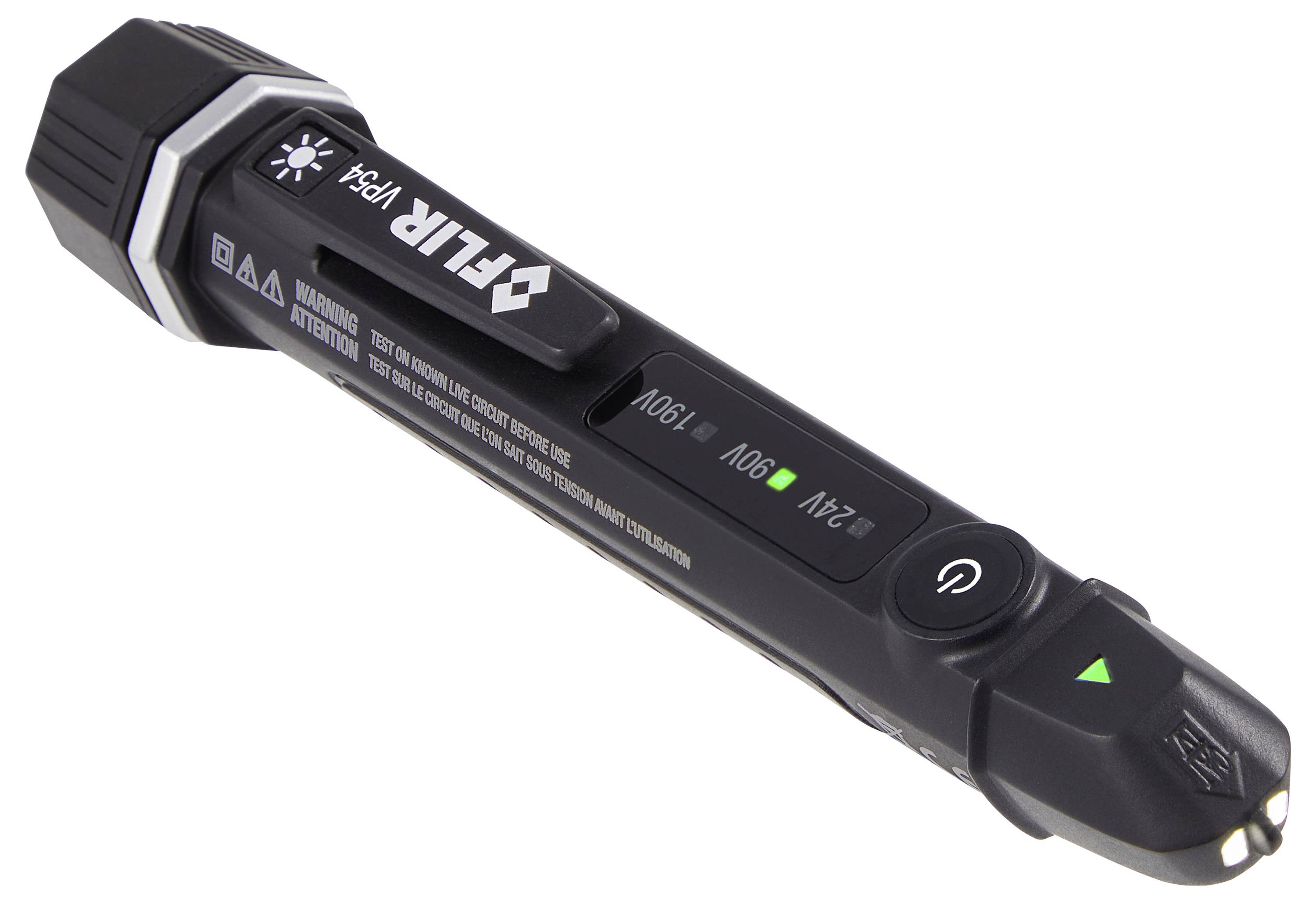Black handheld LED flashlight with zoom head, printed 'VIA' branding, battery/charging indicators, and a power button on a white background.