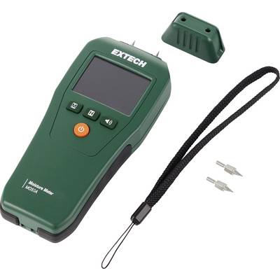 Green Extech moisture meter with screen, buttons, wrist strap, and two probe tips on a white background.