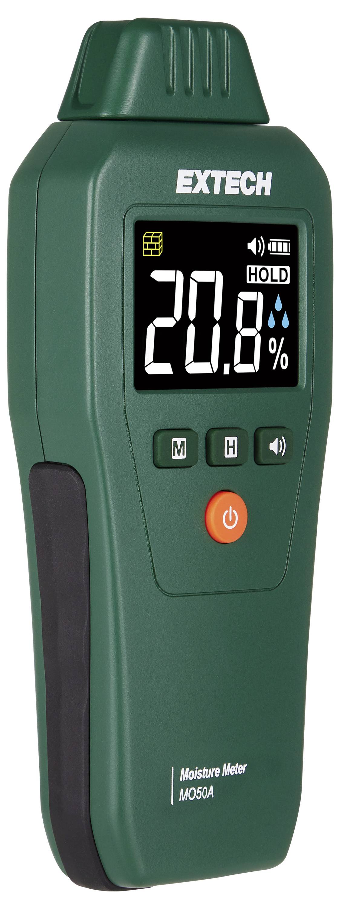 Handheld Extech moisture meter displaying 20.8% on a digital screen with mode, hold, and power buttons.