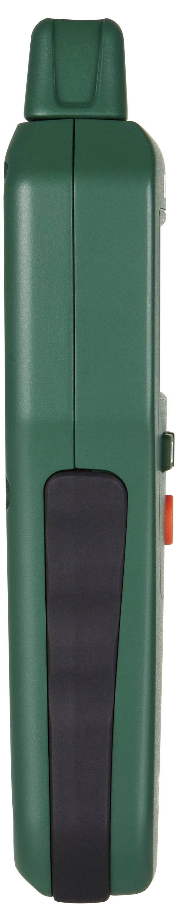 Green handheld scanner or detector with a black front panel, side button, and orange switch, shown upright on a white background.