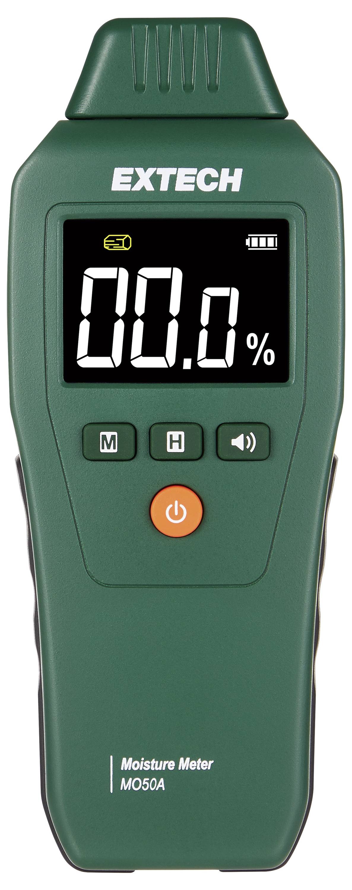 Green Extech moisture meter showing 00.0% on a digital display, with mode, hold, sound, and power buttons.