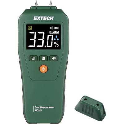 EXTECH dual moisture meter showing 33.0% on the display, with a detached protective cap beside it.