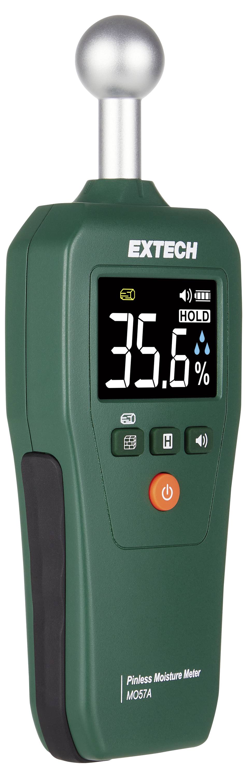 Handheld EXTECH moisture meter showing 35.6% on its digital display, with a probe sensor on top and an orange power button.