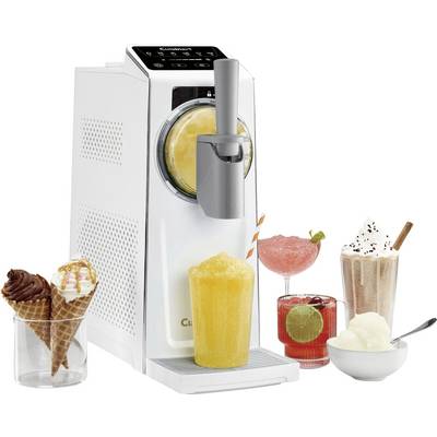 Countertop slush and frozen drink machine dispensing a yellow frozen drink, surrounded by examples of ice cream cones, cocktails, a soda, and sorbet.