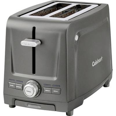 Gray Cuisinart two-slice toaster with bagel, defrost, cancel, single, and +30sec controls shown in product view.