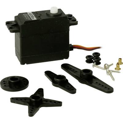 Black hobby servo motor with mounting arms, rubber grommets, screws, and horn attachments on a white background.