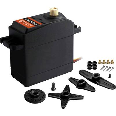 Black DS5160 servo motor with horn attachments, screws, bushings, and mounting hardware shown on a white background.