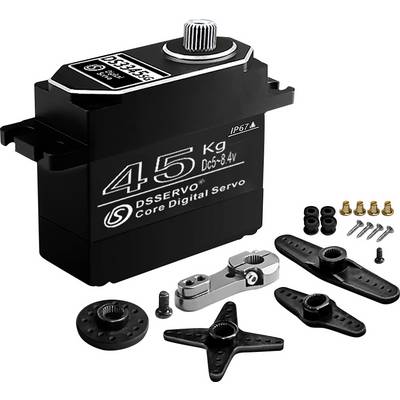 Black DSservo core digital servo rated 45 kg, 6-8.4V, shown with mounting arms, screws, bushings, and horn accessories.<br>