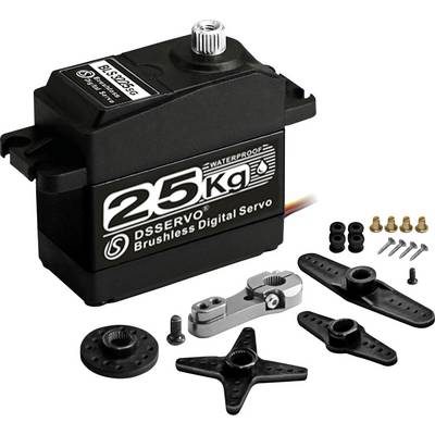 Black waterproof DSServo 25kg brushless digital servo motor with mounting horns, screws, and grommets on a white background.