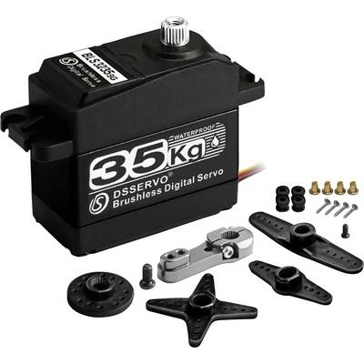 Black waterproof DSSERVO brushless digital servo rated 35kg, shown with assorted mounting horns, screws, and hardware on white background.