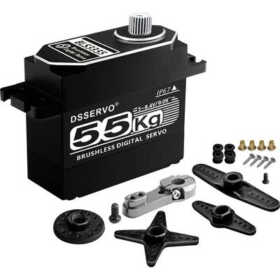 Black DSSERVO 55kg brushless digital servo with mounting horns, screws, and hardware on a white background.