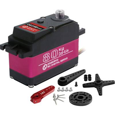 Black and pink 80 kg DSservo RC digital servo motor with mounting horns, screws, and accessories displayed on white background