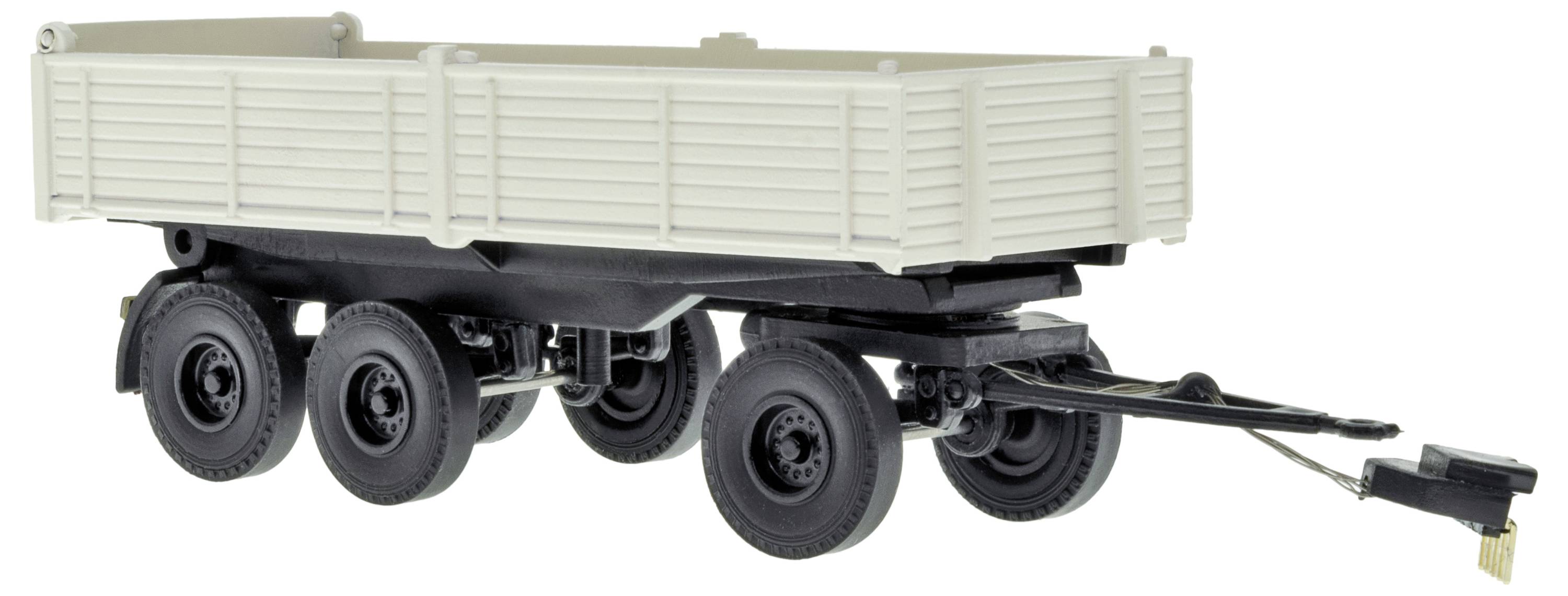 White four-wheel trailer wagon with high side panels and drawbar hitch on a white background.