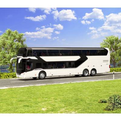 White and black double-decker coach bus parked on a road beside grass and trees under a blue sky with clouds.<br>