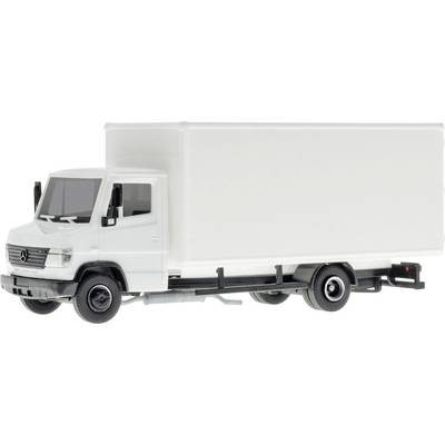 White box truck with a long enclosed cargo body, side view on a plain background.